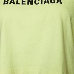 Pre Owned Balenciaga Neon Green Logo Printed Cotton Knit Crop Top M