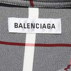 Pre Owned Balenciaga Grey Checked Crepe Oversized Tie-Neck Top S