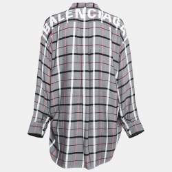Pre Owned Balenciaga Grey Checked Crepe Oversized Tie-Neck Top S