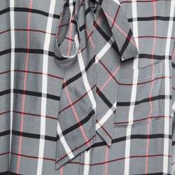 Pre Owned Balenciaga Grey Checked Crepe Oversized Tie-Neck Top S