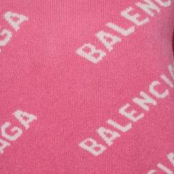 Pre Owned Balenciaga Pink Logo Intarsia Knit Wool Oversized Sweater L