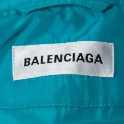 Pre Owned Balenciaga Turquoise Blue Logo Printed Synthetic Oversized Hooded Windbreaker Jacket S