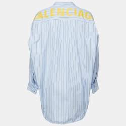 Pre Owned Balenciaga Light Blue Striped Cotton Logo Print Oversized Shirt M