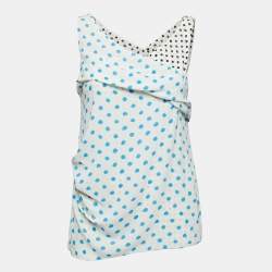 Pre Owned Balenciaga Off White Polka Dotted Crepe Sleeveless Ruched Top M