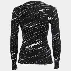 Pre Owned Balenciaga Black Logo Printed Stretch Knit Full Sleeve T-Shirt S