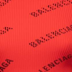 Pre Owned Balenciaga Red All Over Logo Print Rib Knit Hooded Pullover XS