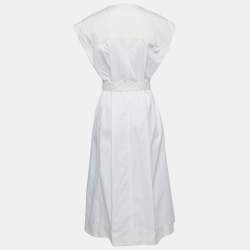 Pre Owned Balenciaga White/Beige Cotton Button Front Belted Sleeveless Midi Dress M