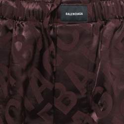 Balenciaga Brown All-Over Logo Patterned Satin Elasticized Waist Shorts S 