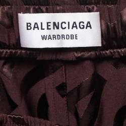 Balenciaga Brown All-Over Logo Patterned Satin Elasticized Waist Shorts S 