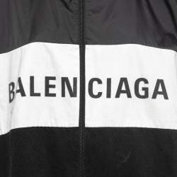 Pre Owned Balenciaga Black Logo Printed Nylon and Cotton Zip Front Oversized Bomber Jacket S