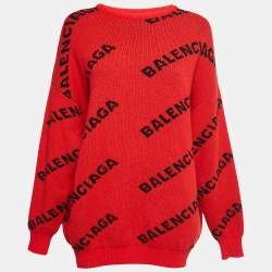 Pre Owned Balenciaga Red All Over Logo Intarsia Wool Sweater L