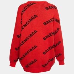 Pre Owned Balenciaga Red All Over Logo Intarsia Wool Sweater L