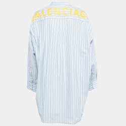 Pre Owned Balenciaga Blue Striped Cotton Logo Print Oversized Shirt L