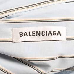 Pre Owned Balenciaga Blue Striped Cotton Logo Print Oversized Shirt L