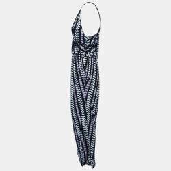 Pre Owned Balenciaga Black/Purple Patterned Jersey Strappy Draped Maxi Dress S