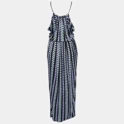 Pre Owned Balenciaga Black/Purple Patterned Jersey Strappy Draped Maxi Dress S