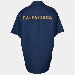 Pre Owned Balenciaga Navy Blue Logo Printed Cotton Short Sleeve Oversized Shirt XS