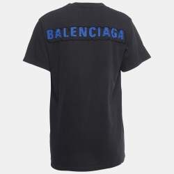 Pre Owned Balenciaga Black Cotton Logo Patch Crew Neck Half Sleeve T-Shirt S