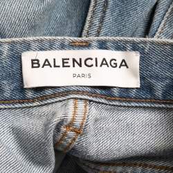 Pre Owned Balenciaga Blue Logo Printed Denim High Waist Straight Leg Jeans S Waist 24"