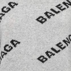 Pre Owned Balenciaga Grey All Over Logo Patterned Wool Blend Crew Neck Jumper M