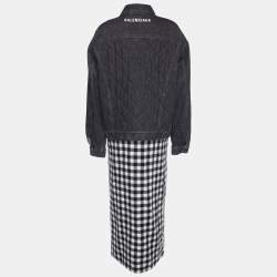 Balenciaga Black Denim & Checkered Wool Button Front Long Coat S