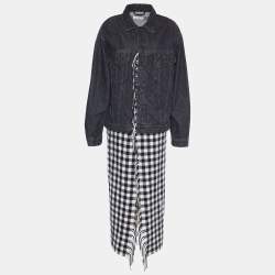 Balenciaga Black Denim & Checkered Wool Button Front Long Coat S