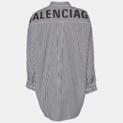 مملوكة مسبقًا Balenciaga Black & White Striped Cotton Neck Tie Detail Oversized Shirt M