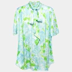 Balenciaga Blue All-Over Print Silk Button Front Neck Tie Detailed Blouse M