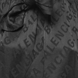 Pre Owned Balenciaga Black Logo Patterned Silk Button Front Neck Tie Detail Oversized Blouse M