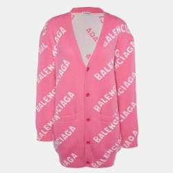 Balenciaga Pink Logo Intarsia Wool Knit Button Front Cardigan XS
