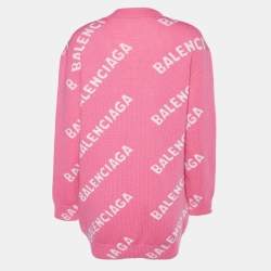 Balenciaga Pink Logo Intarsia Wool Knit Button Front Cardigan XS