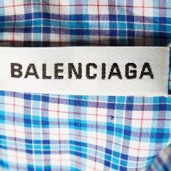 Pre Owned Balenciaga Blue Plaid Cotton Neck Tie Detail Oversized Shirt M