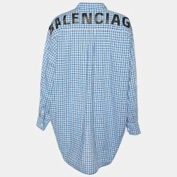 Pre Owned Balenciaga Blue Plaid Cotton Neck Tie Detail Oversized Shirt M