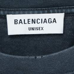 Pre Owned Balenciaga Grey Washed & Distressed Logo Print Cotton Half Sleeve T-Shirt S