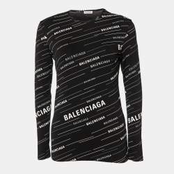 Pre Owned Balenciaga Black All Over Logo Print Knit Long Sleeve T-Shirt L