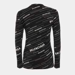 Pre Owned Balenciaga Black All Over Logo Print Knit Long Sleeve T-Shirt L
