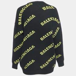 Pre Owned Balenciaga Black All-Over Logo Patterned Wool Jumper S