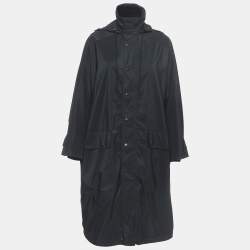 Balenciaga Black Logo Print Synthetic Button Front Long Hooded Coat S