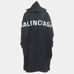 Balenciaga Black Logo Print Synthetic Button Front Long Hooded Coat S