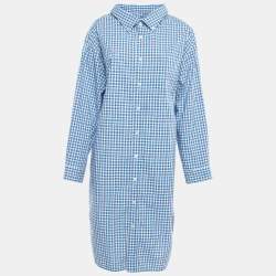 Pre Owned Balenciaga Blue Plaid Cotton Button Down Oversized Shirt Dress M