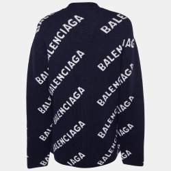 Balenciaga Navy Blue Logo Patterned Wool Buttoned Cardigan XS