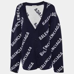 Balenciaga Navy Blue Logo Patterned Wool Buttoned Cardigan XS