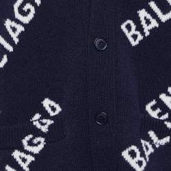 Balenciaga Navy Blue Logo Patterned Wool Buttoned Cardigan XS