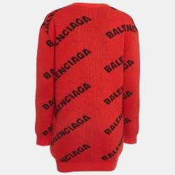 Pre Owned Balenciaga Red Logo Patterned Wool Knit Buttoned Cardigan XS
