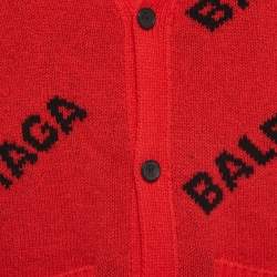 Pre Owned Balenciaga Red Logo Patterned Wool Knit Buttoned Cardigan XS