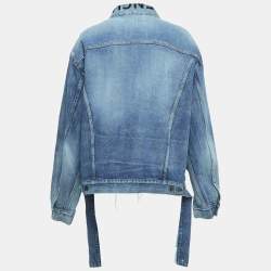 Pre Owned Balenciaga Blue Logo Embroidery Destroyed Denim Oversized Jacket L