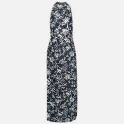 Pre Owned Balenciaga Navy Blue Floral Print Crepe Halter Neck Maxi Dress L