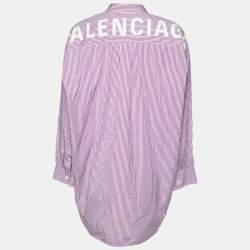 Pre Owned Balenciaga Pink/White Striped Logo Print Cotton Oversized Shirt S