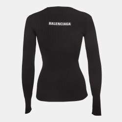 Pre Owned Balenciaga Black Logo Applique Rip Knit Crew Neck Top S