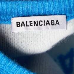 Pre Owned Balenciaga Blue All-Over Logo Pattern Wool Knit Sweater M